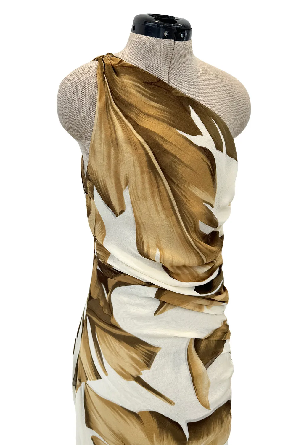 Gorgeous Spring 2003 Valentino Runway Look 59 Bias Cut Leaf Print Silk Dress w Sequin Detailing