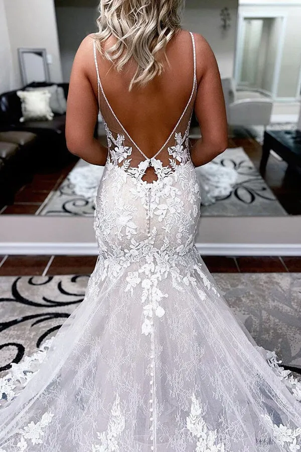 Gorgeous Tulle Mermaid V-neck Spaghetti Straps Lace Wedding Dresses, SW606