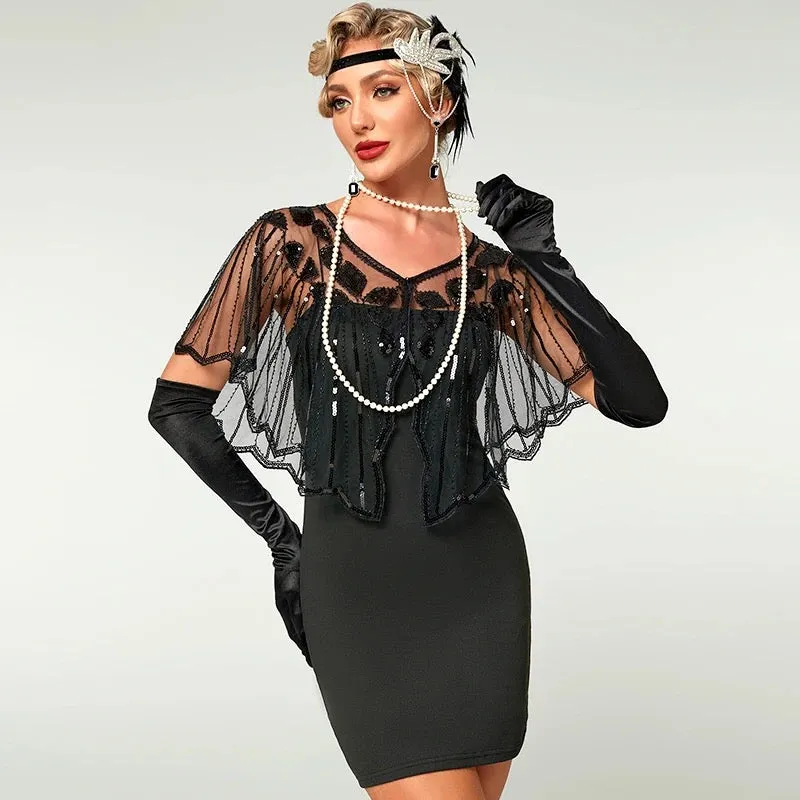 Great Gatsby 1920's Bridal Flapper Sequin Cape - Black