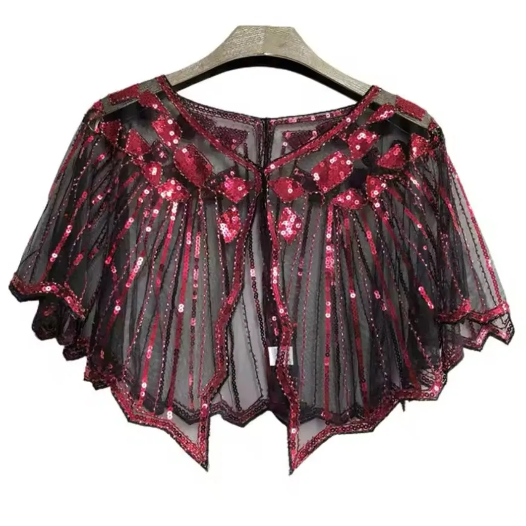 Great Gatsby 1920's Bridal Flapper Sequin Cape - Red