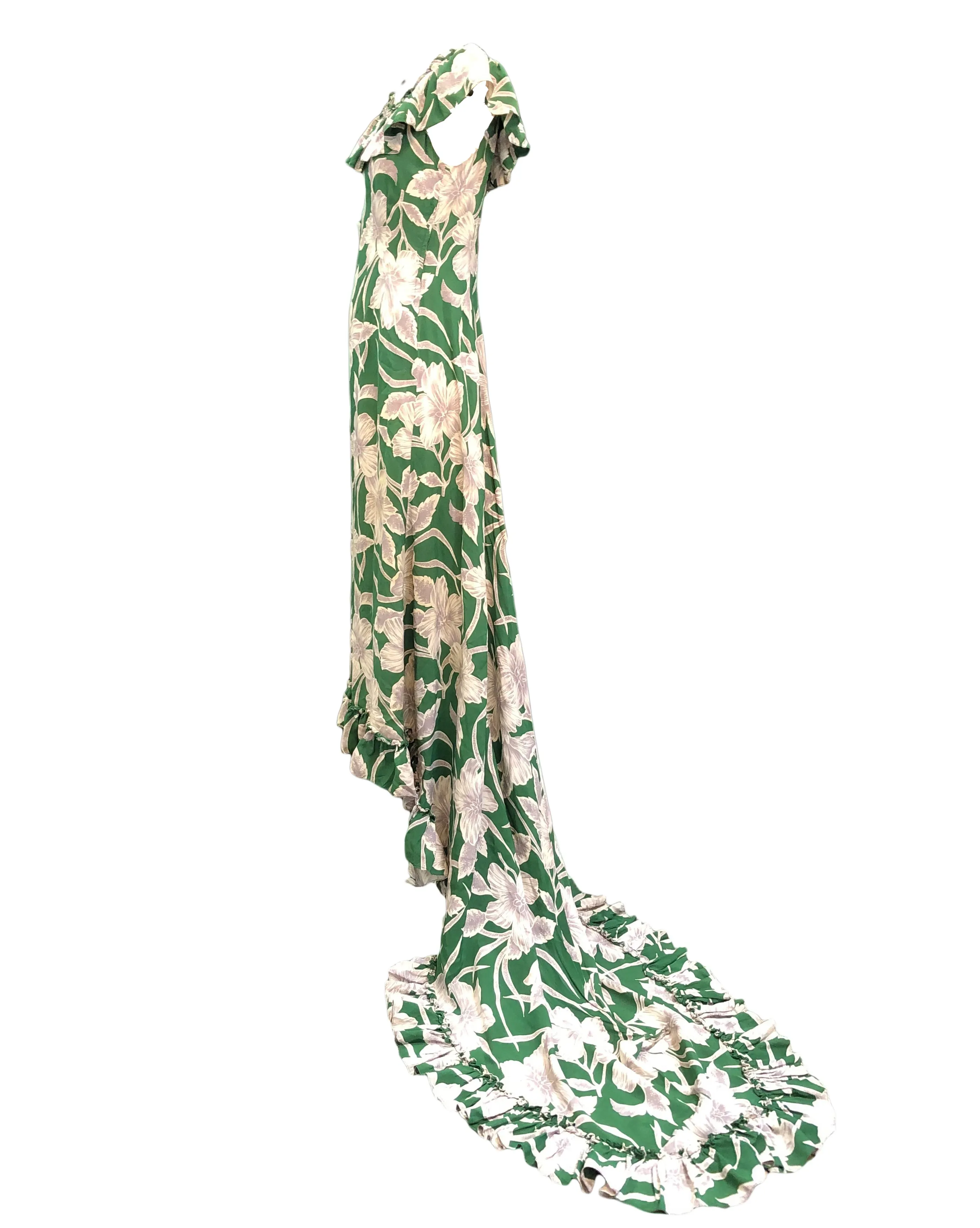 Incredible 1940s Green  Rayon Print Holoku Dress