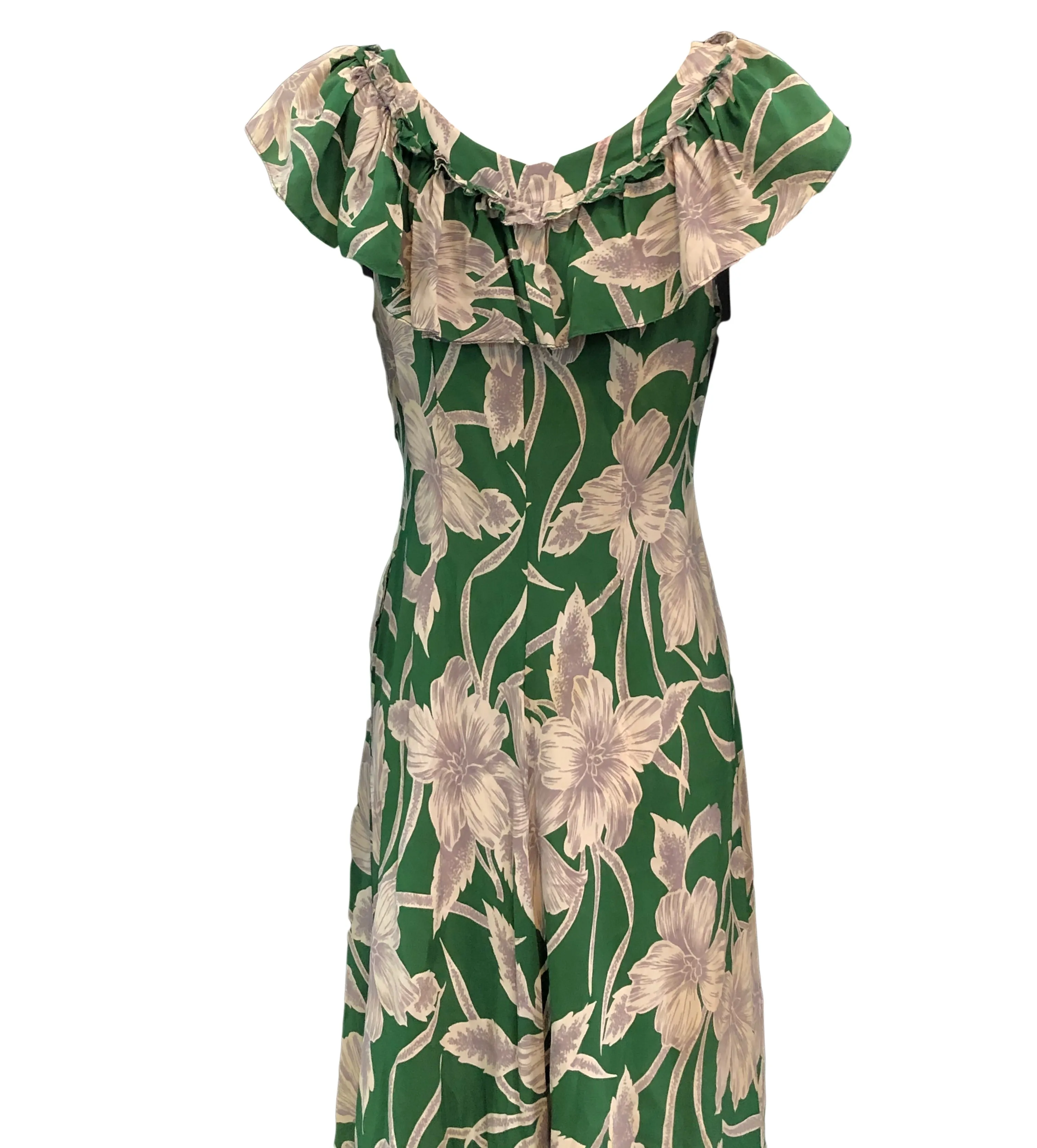 Incredible 1940s Green  Rayon Print Holoku Dress