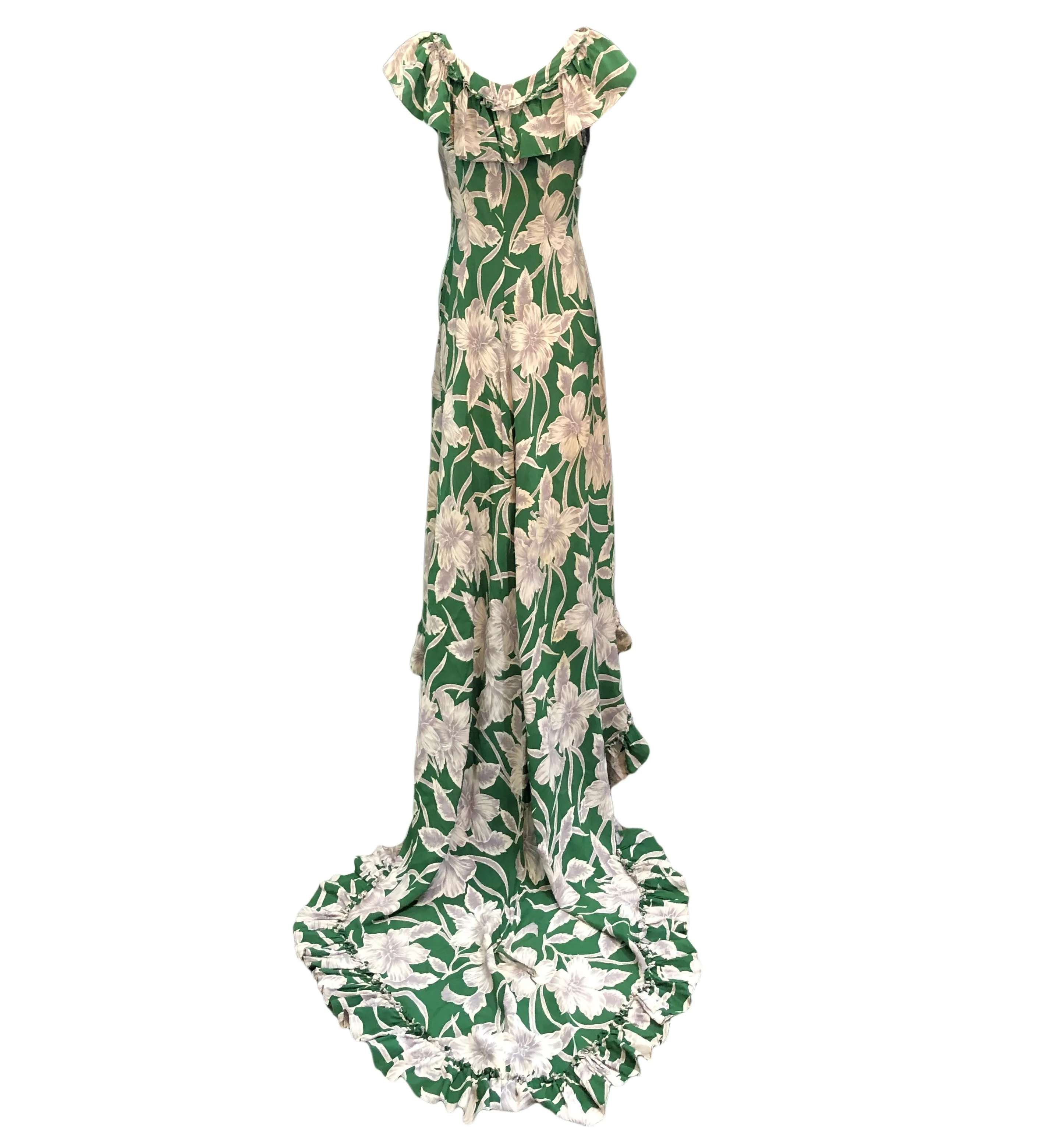 Incredible 1940s Green  Rayon Print Holoku Dress