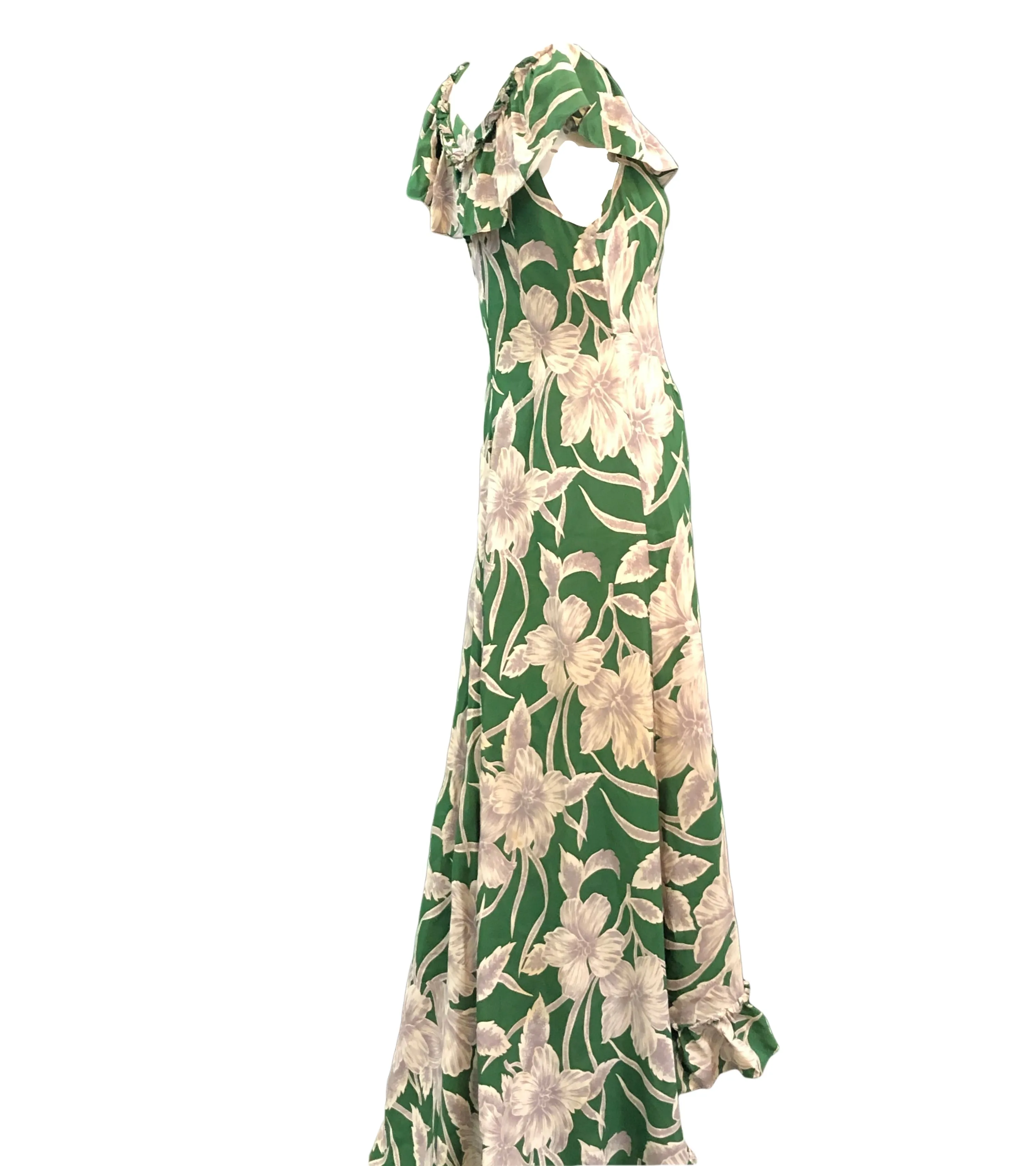 Incredible 1940s Green  Rayon Print Holoku Dress