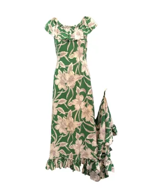 Incredible 1940s Green  Rayon Print Holoku Dress