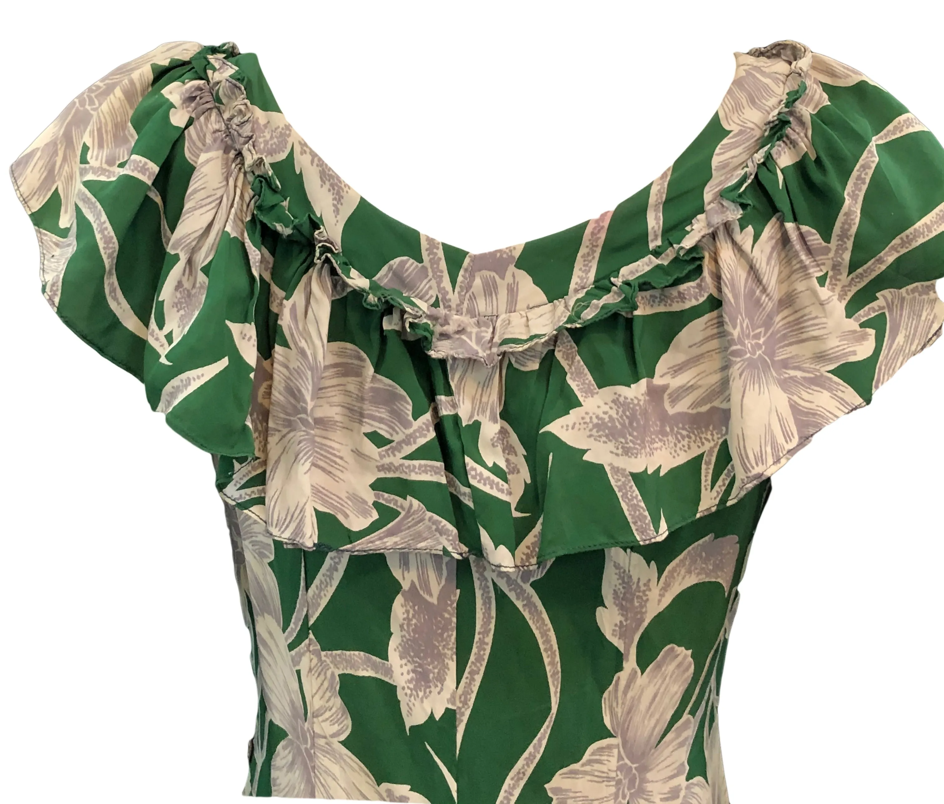 Incredible 1940s Green  Rayon Print Holoku Dress