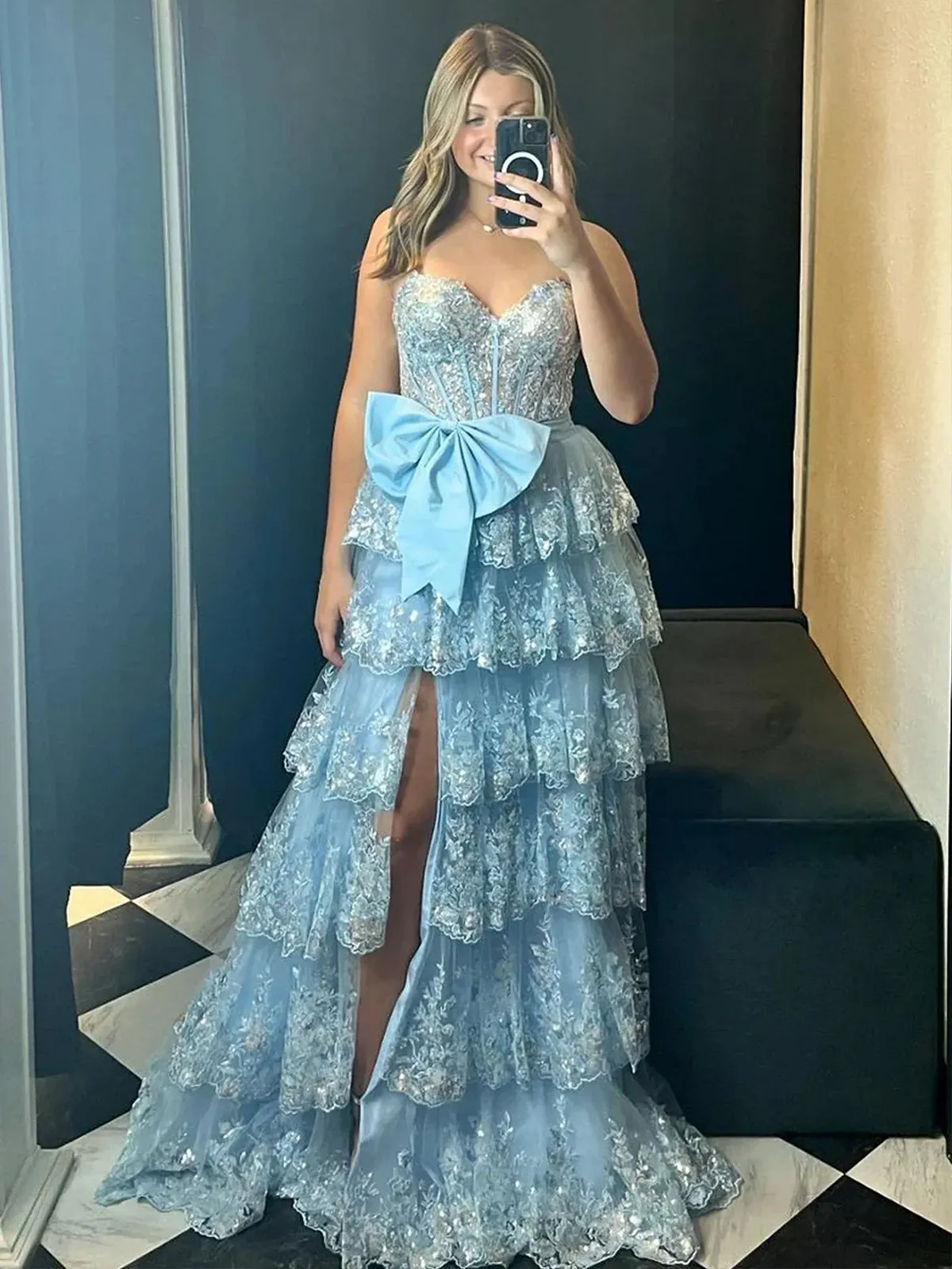 Jonjay | Sweetheart Light Blue  Lace Appliques Ruffle Long Formal Gown