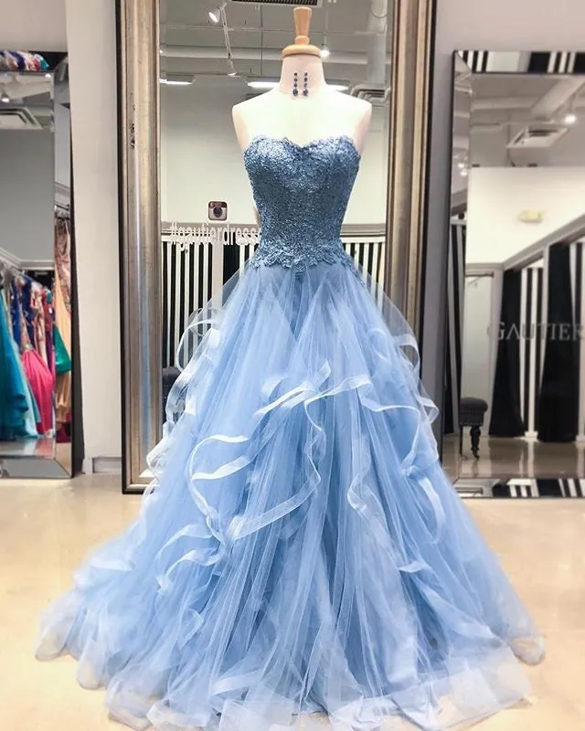 kamahe Gorgeous A Line Sweetheart Appliques Lace Prom Dresses with Ruffles