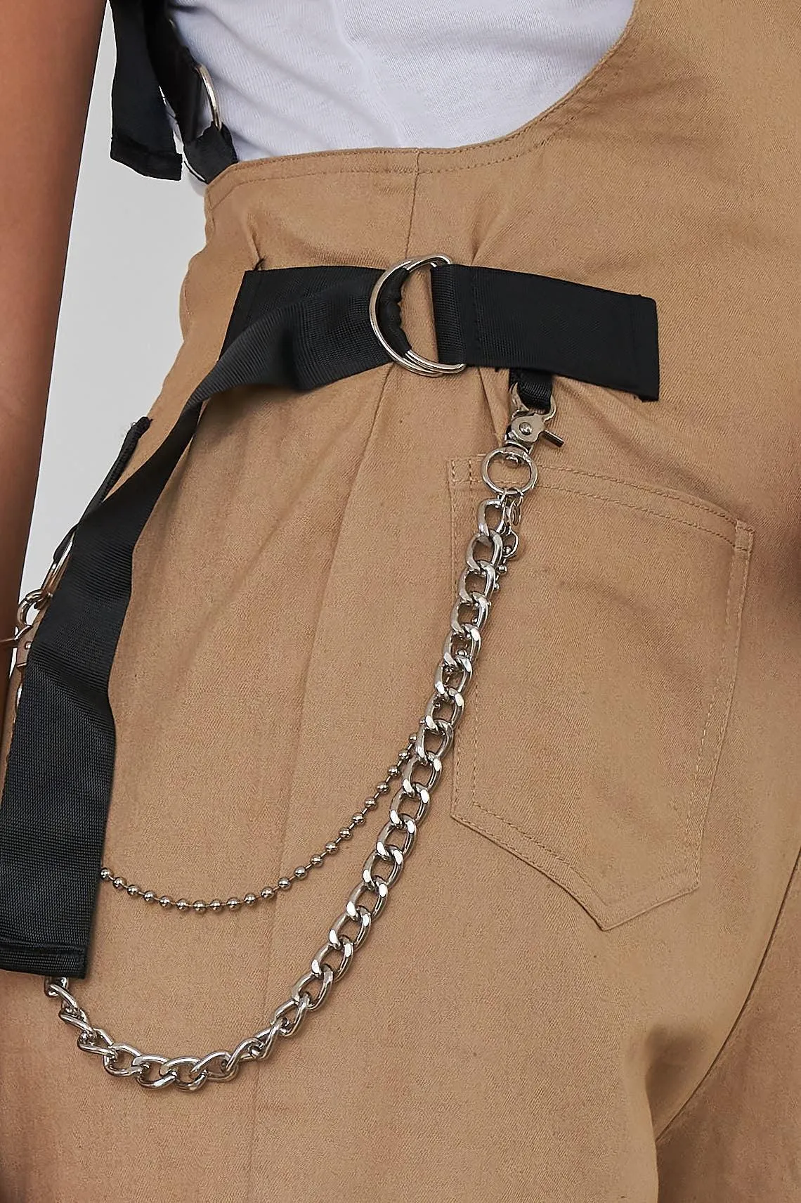 Khaki Print Zip Pocket Hardware Chained Cargo Overalls