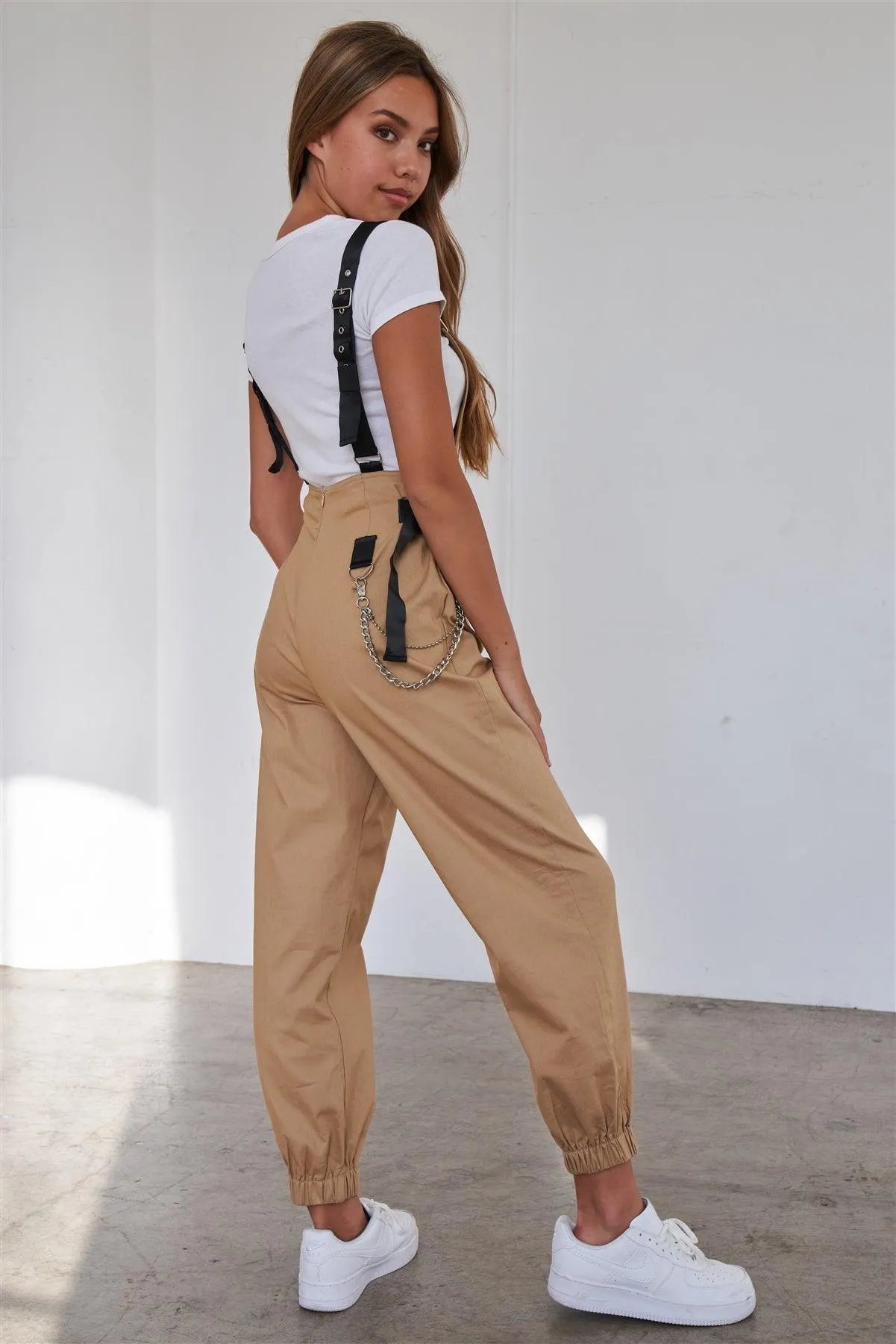 Khaki Print Zip Pocket Hardware Chained Cargo Overalls