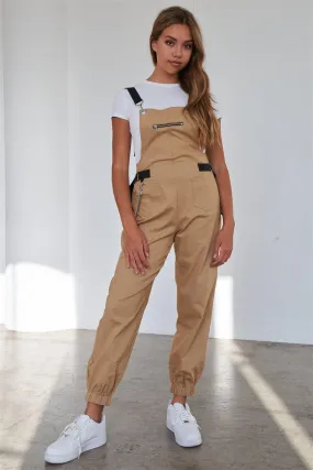 Khaki Print Zip Pocket Hardware Chained Cargo Overalls