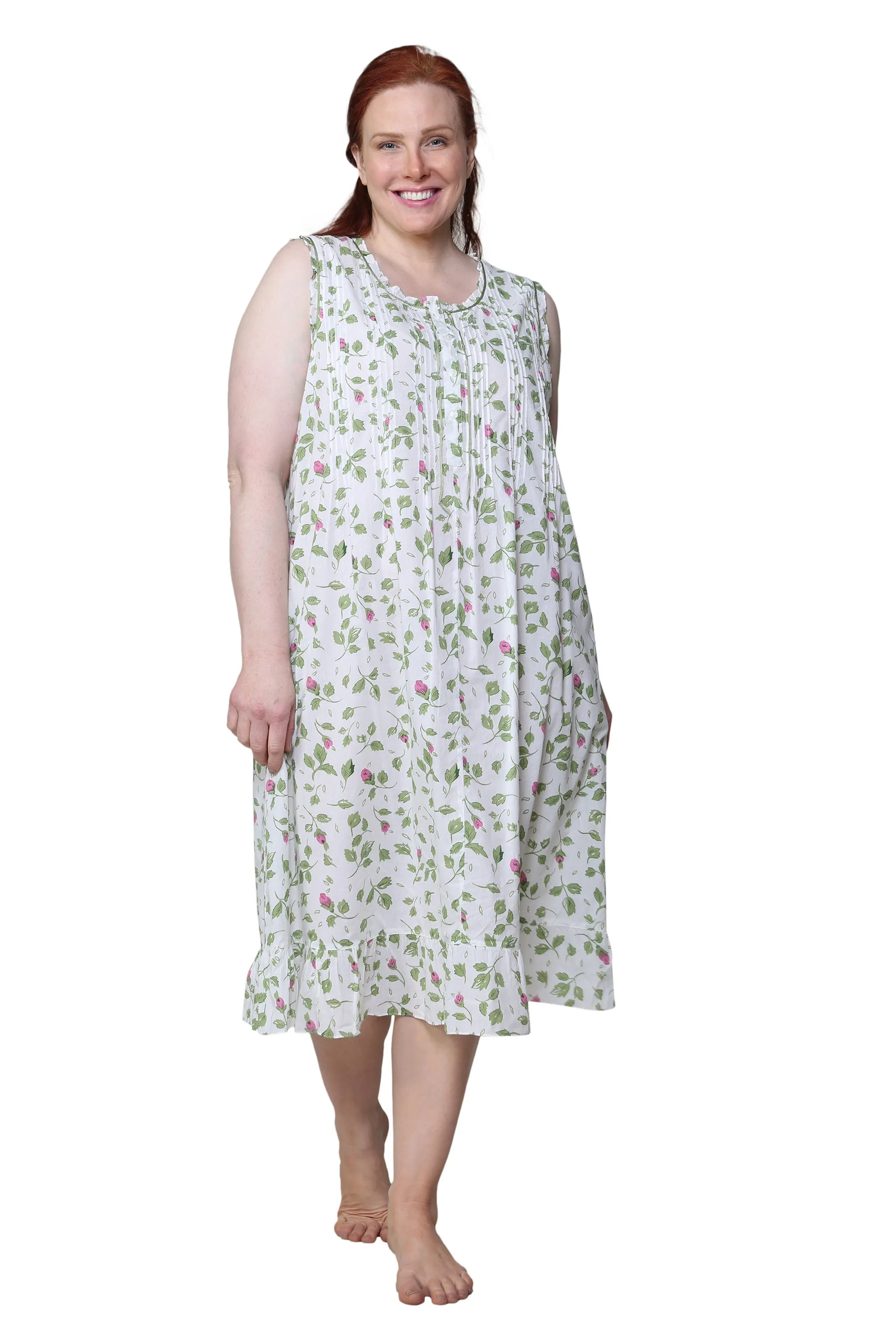 La Cera Sleeveless Rose Vine 100% Cotton Gown - Plus Size