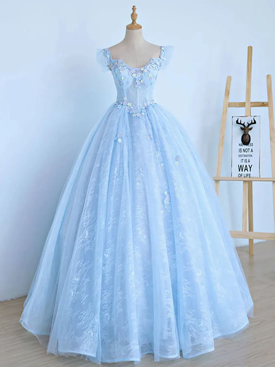 Light Blue Illusion Ball Gown Cap Sleeve Sheer Prom Dress