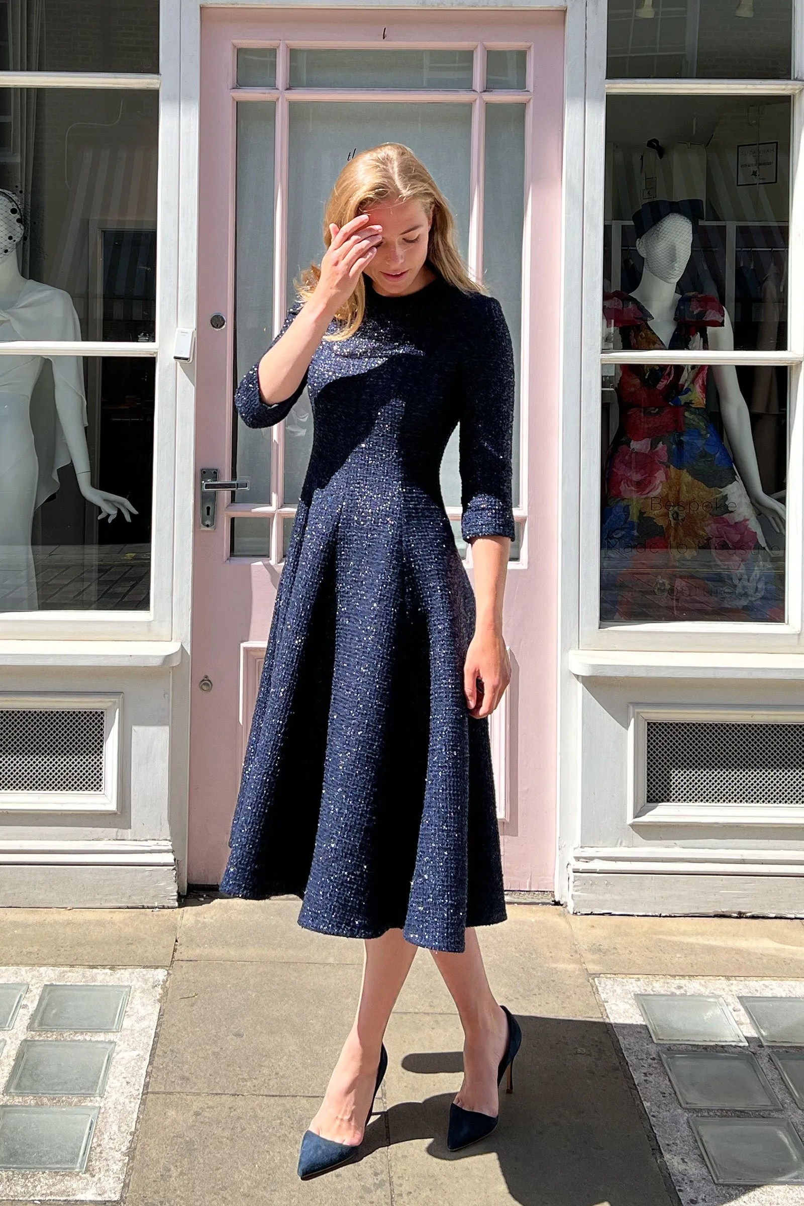 Lucy Midi Dress Metallic Tweed Navy