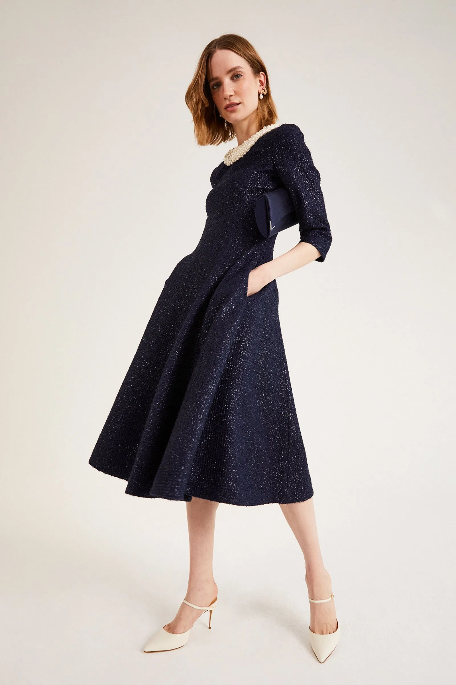 Lucy Midi Dress Metallic Tweed Navy