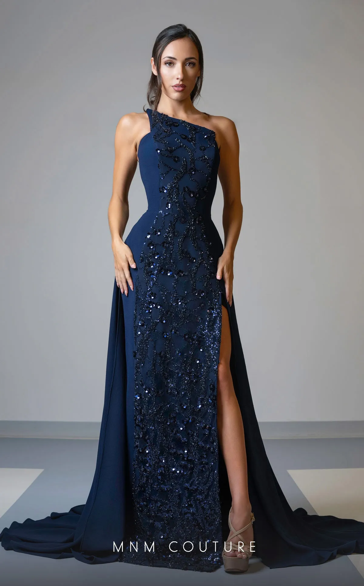 MNM Couture V07539 : Sleevless Asymmetrical Embroidered Center Prom Gown with Long Train