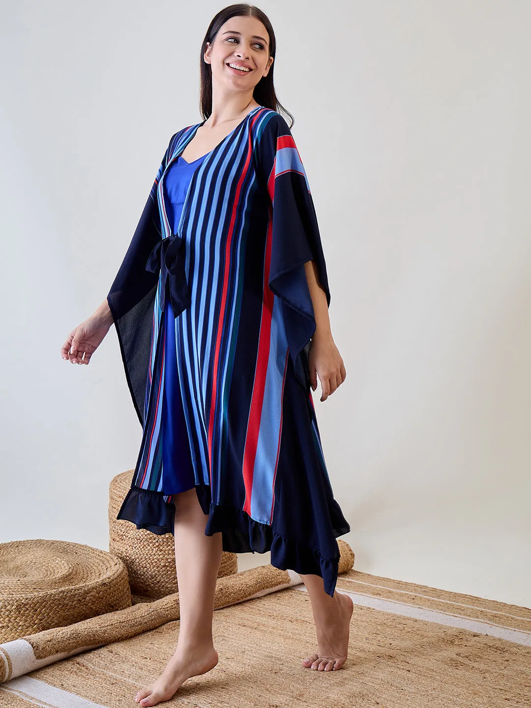 Navy Blue Striped Ruffled Viscose Gown Set