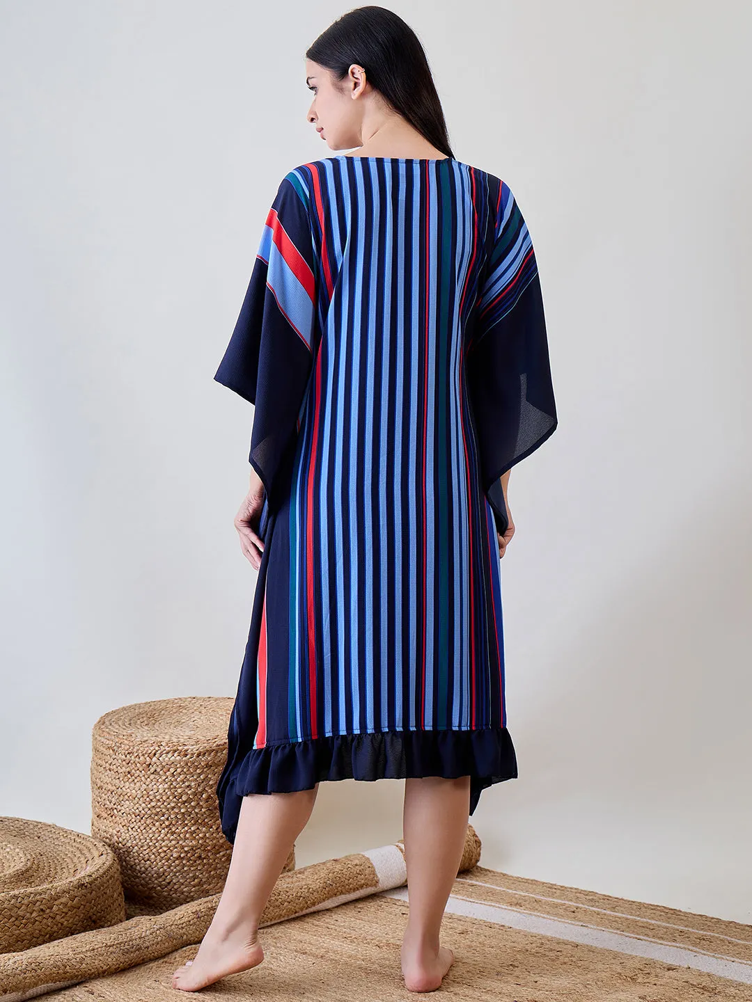 Navy Blue Striped Ruffled Viscose Gown Set