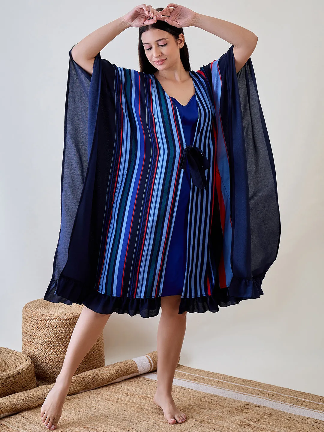 Navy Blue Striped Ruffled Viscose Gown Set