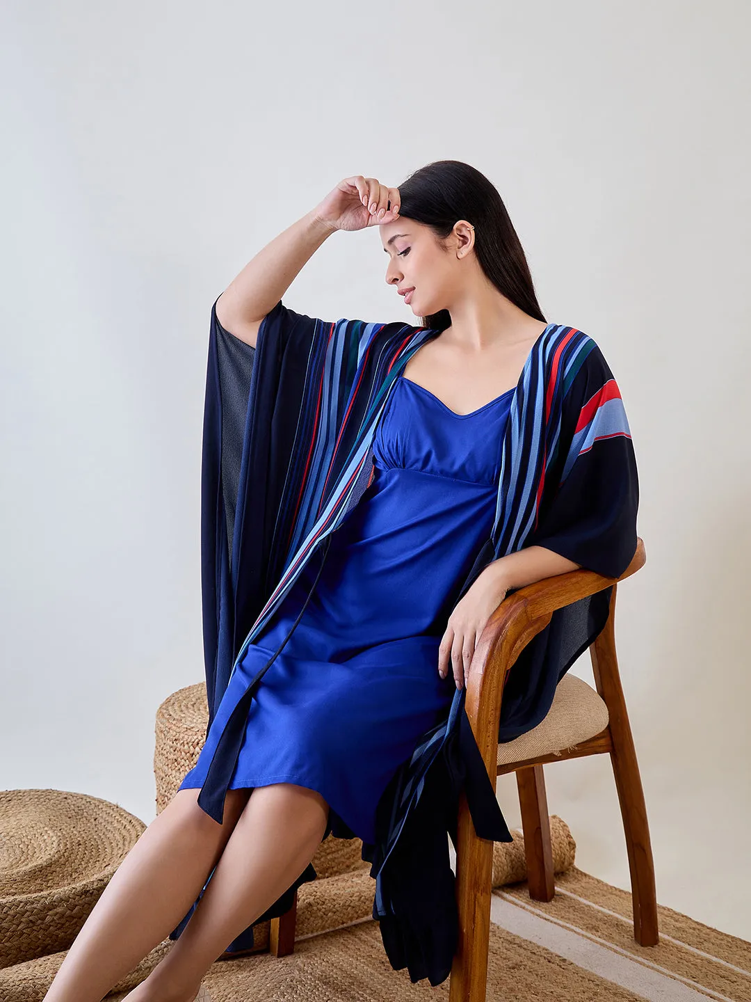 Navy Blue Striped Ruffled Viscose Gown Set