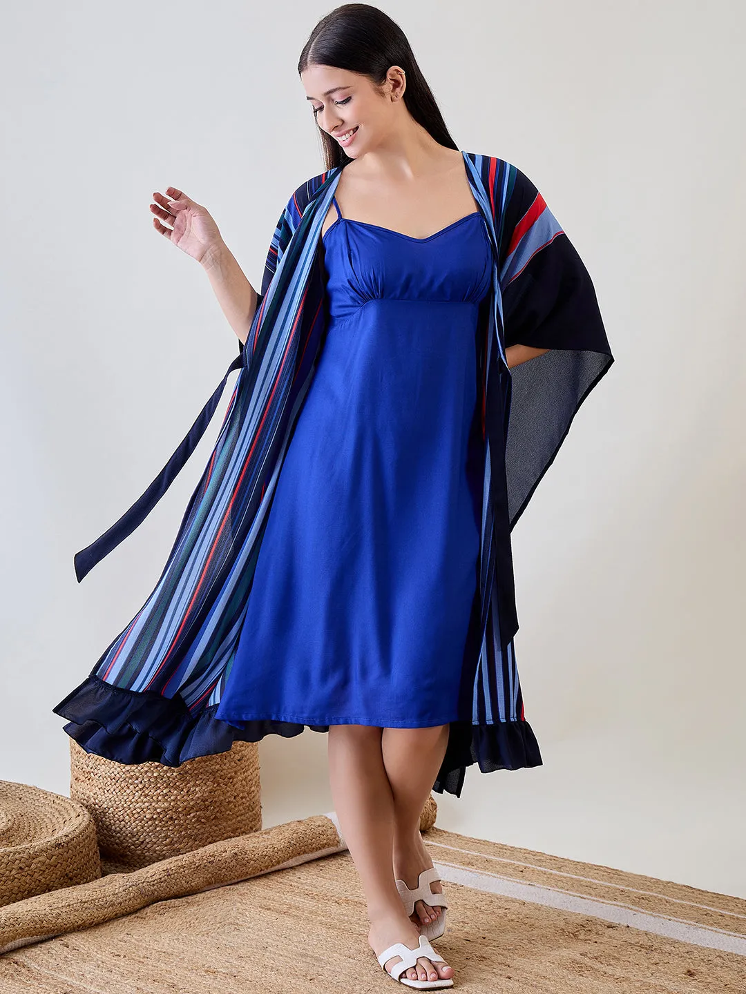 Navy Blue Striped Ruffled Viscose Gown Set