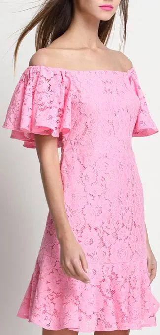 Off-the-Shoulder Pink Ruffle Lace and Silk Dress *Limited Stock*