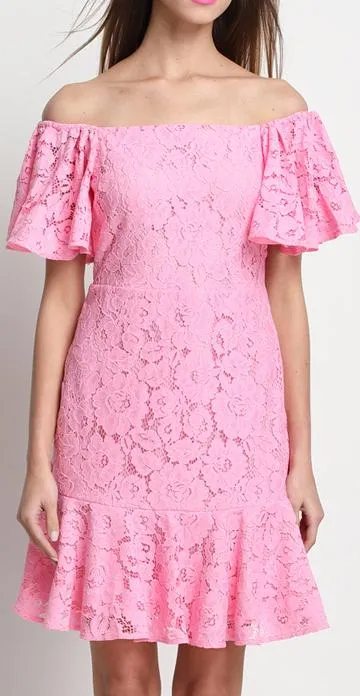 Off-the-Shoulder Pink Ruffle Lace and Silk Dress *Limited Stock*