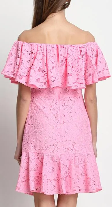 Off-the-Shoulder Pink Ruffle Lace and Silk Dress *Limited Stock*