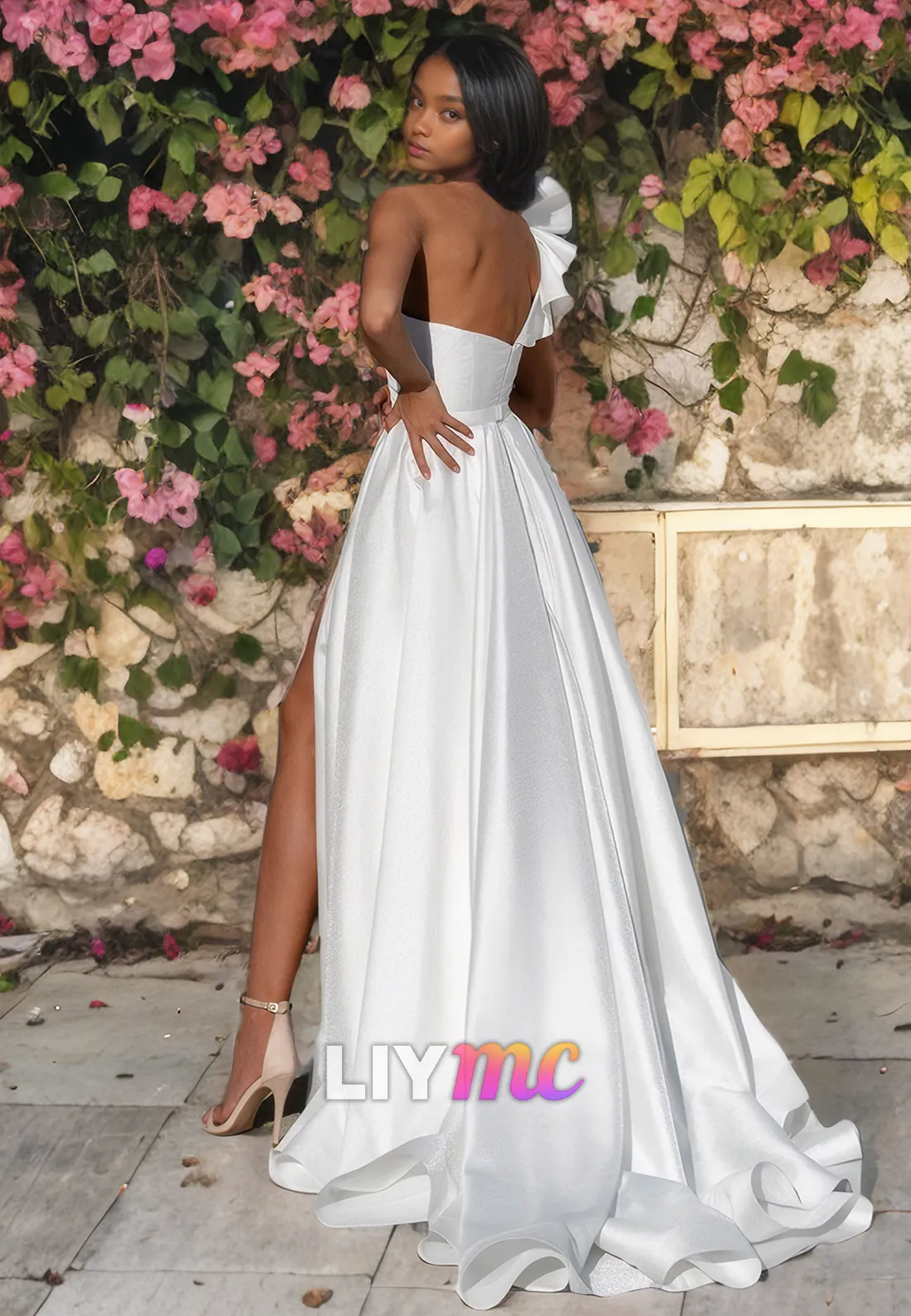 One Shoulder Sleeveless Ruffled Pleated A-Line Wedding Dress