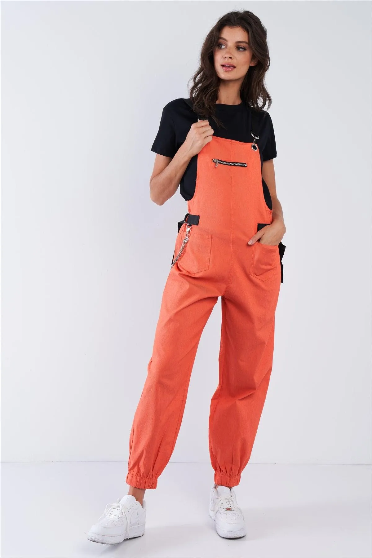 Orange Zip Pocket Hardware Chained Cargo Overalls /2-2-2-2