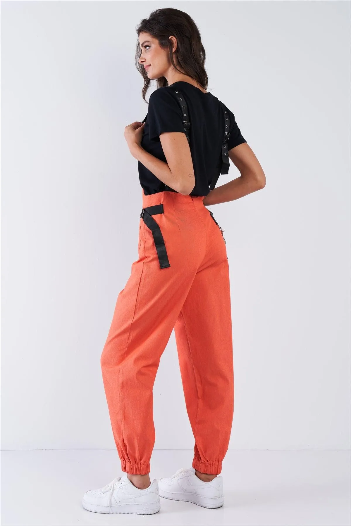 Orange Zip Pocket Hardware Chained Cargo Overalls /2-2-2-2