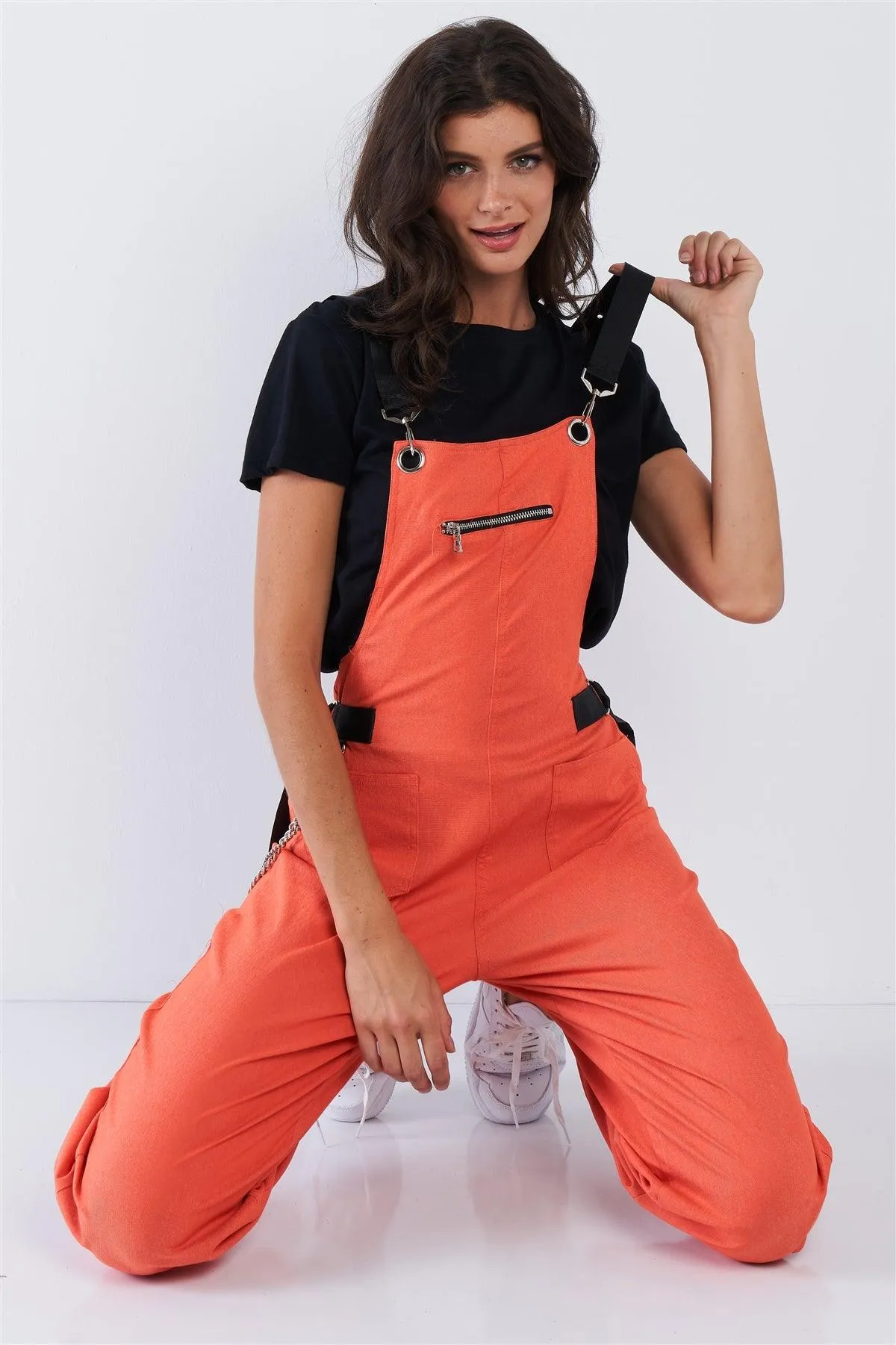 Orange Zip Pocket Hardware Chained Cargo Overalls /2-2-2-2