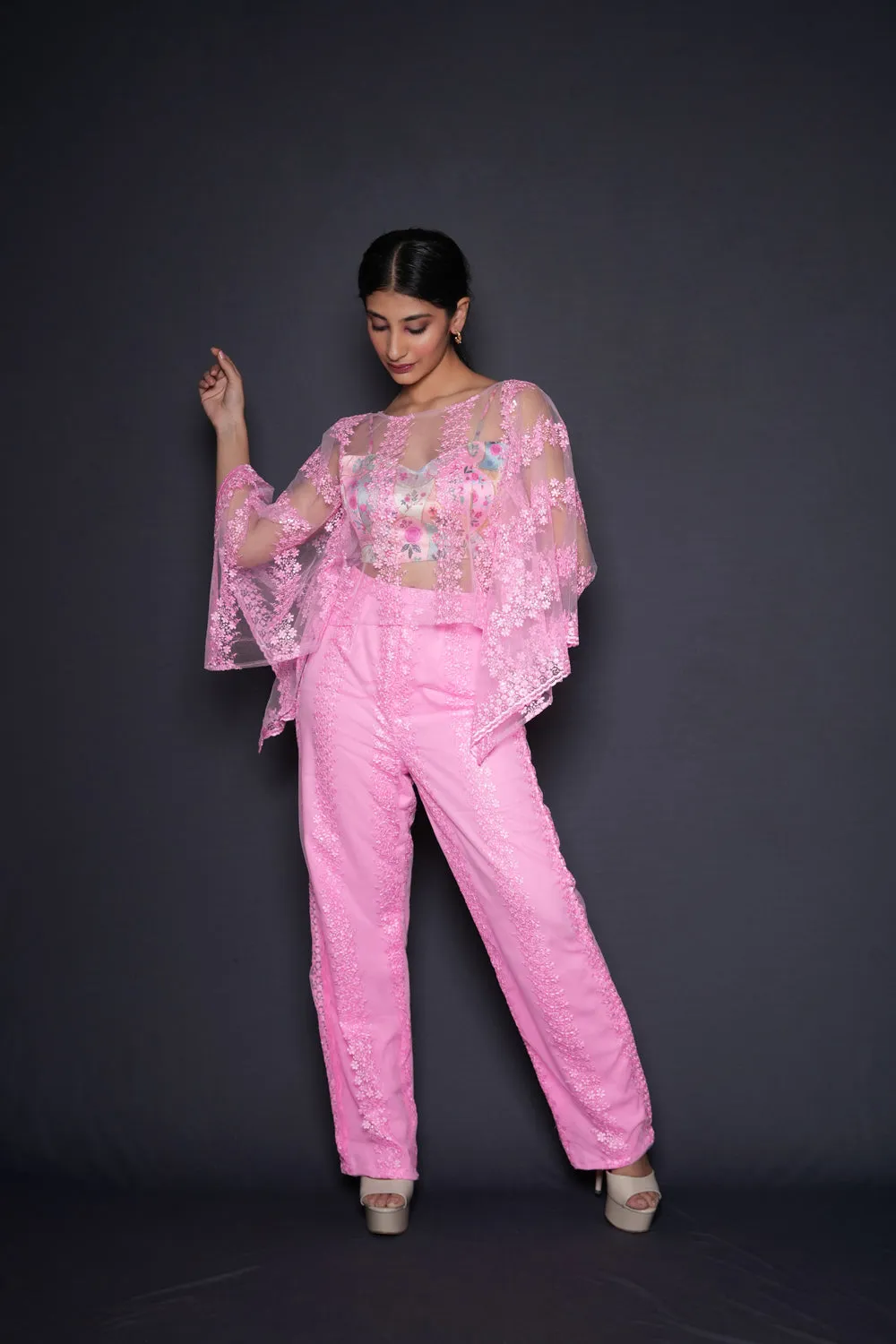 Pink Cropped Cape Blouse Pant Set