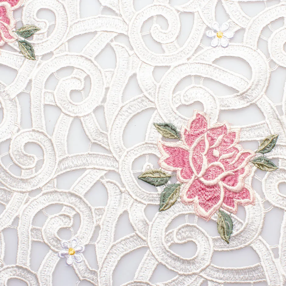 Pink 'Rose' Floral White Guipure Lace