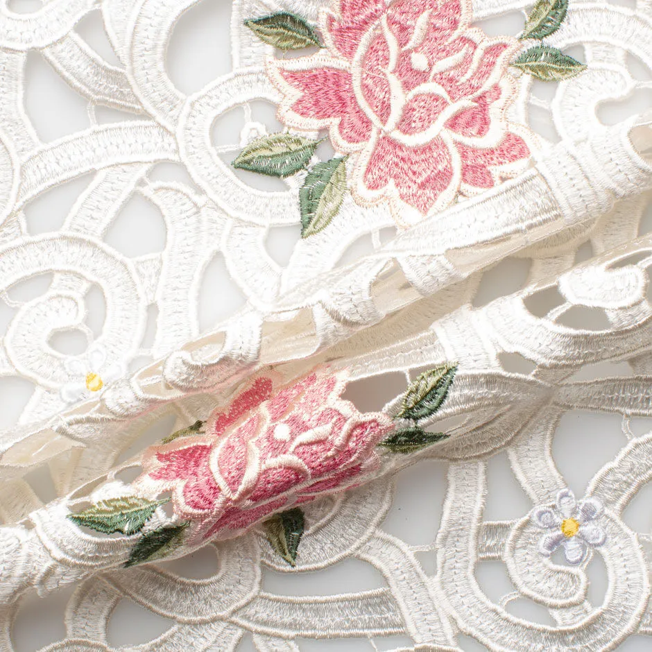 Pink 'Rose' Floral White Guipure Lace