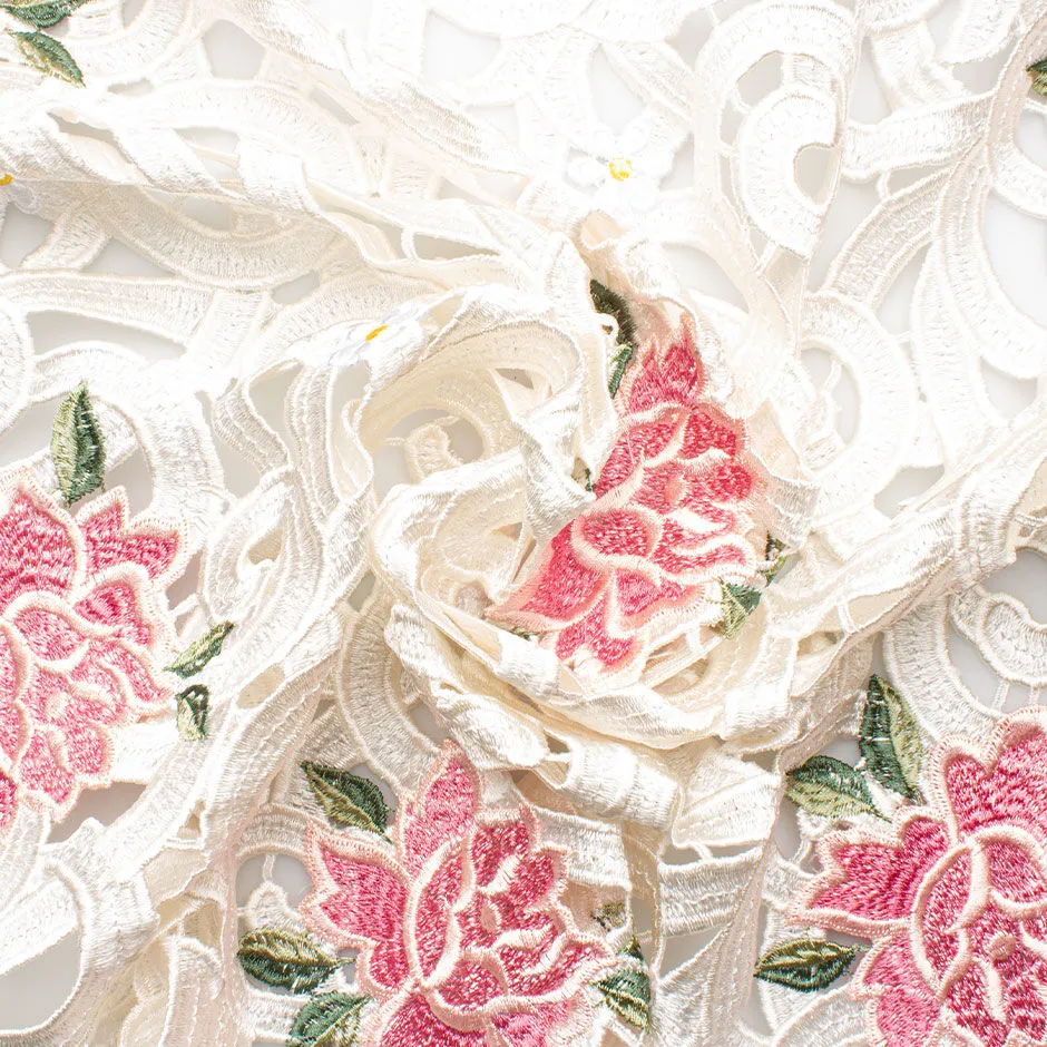 Pink 'Rose' Floral White Guipure Lace