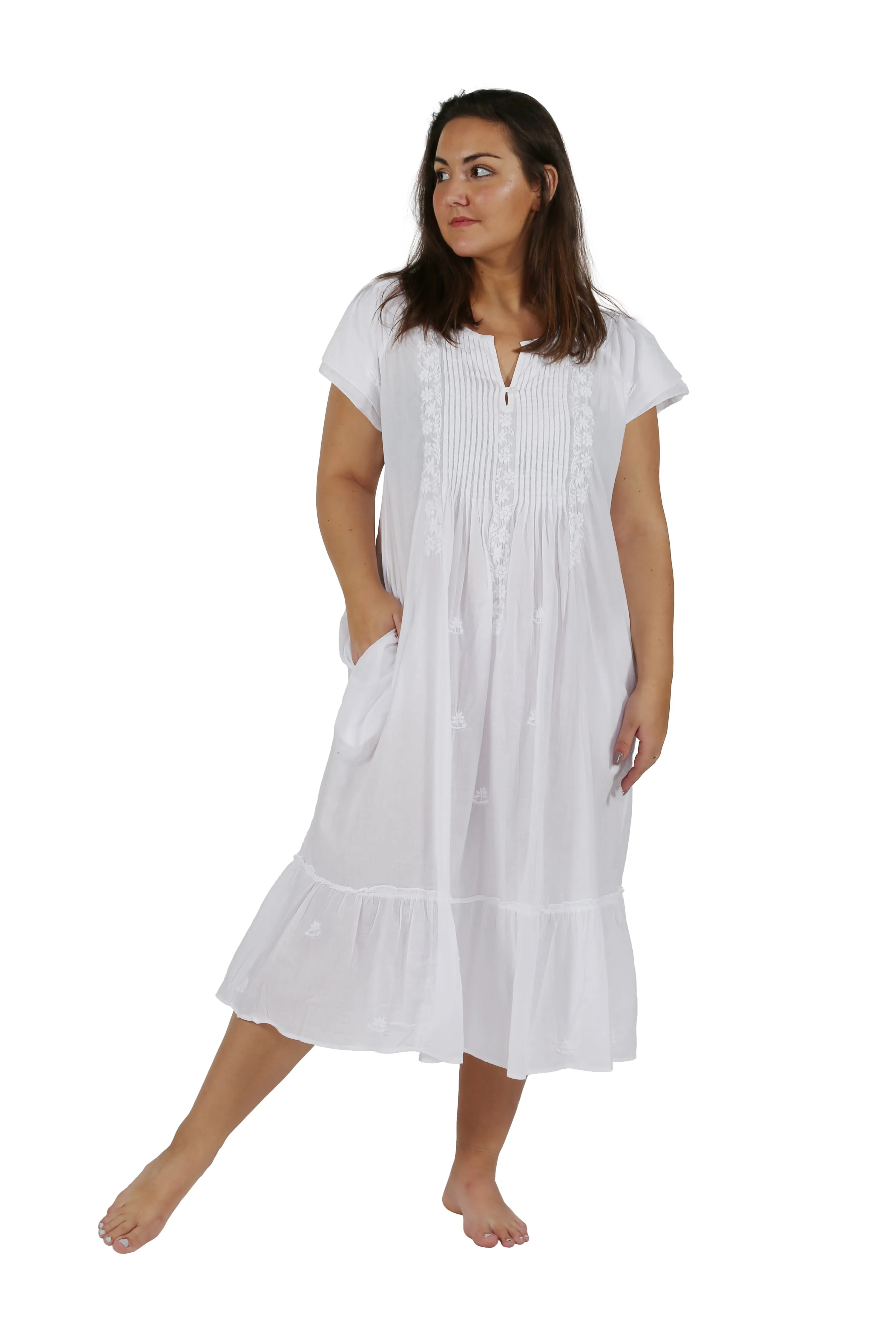 Plus Size La Cera Double Cap Short Sleeve Cotton Embroidered Gown