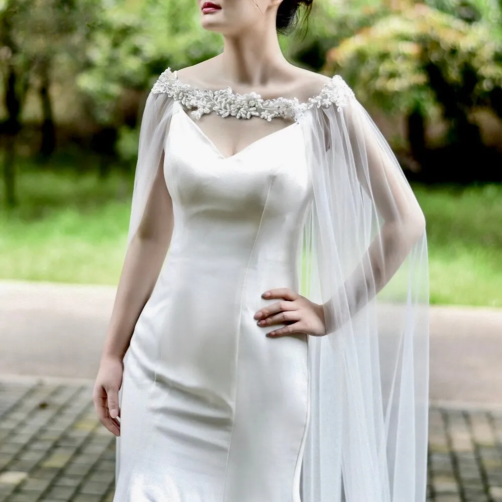 "Ruth" - Wedding Pearl Cape Veil - Cathedral Length