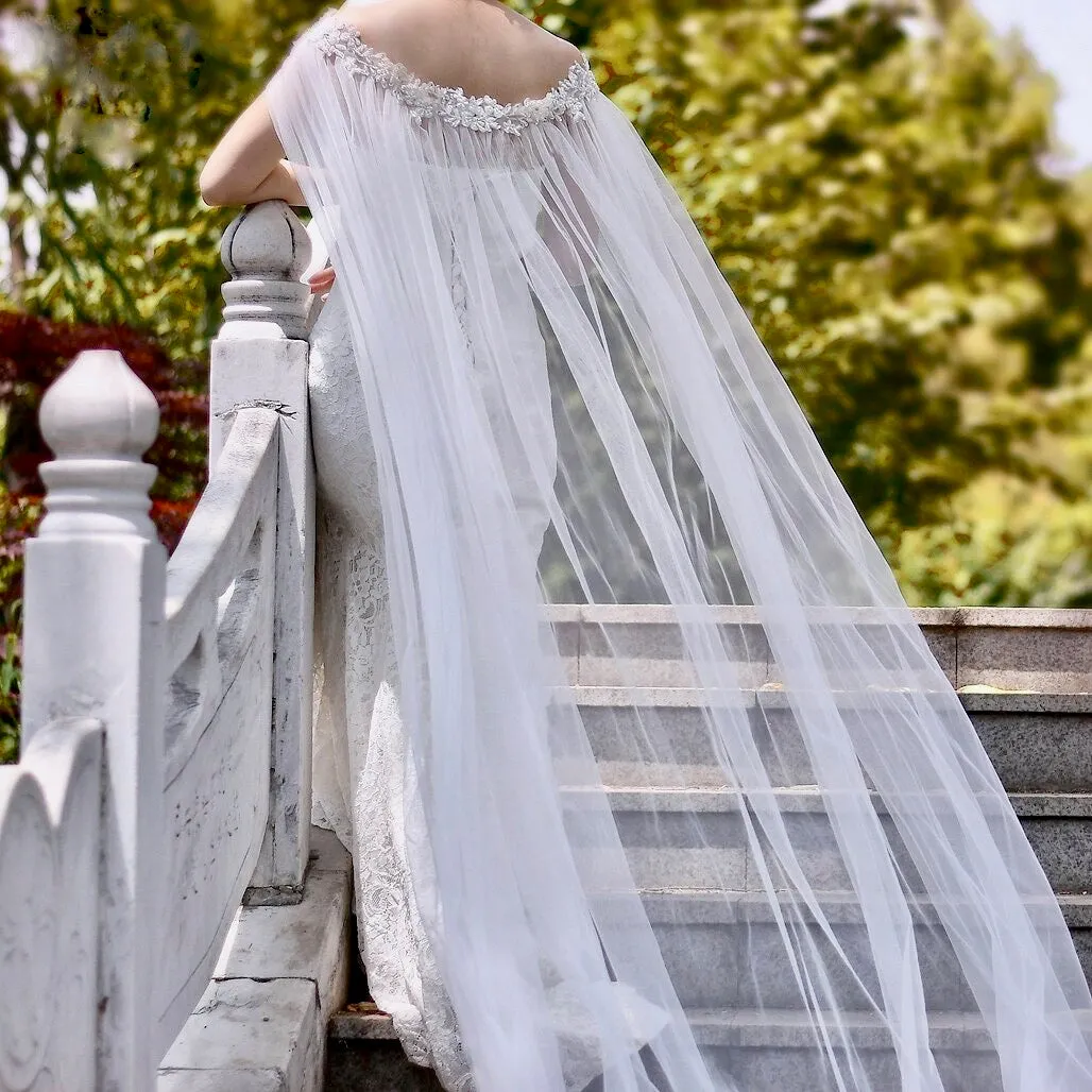 "Ruth" - Wedding Pearl Cape Veil - Cathedral Length