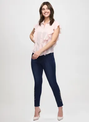 Ruffle Front Cap Sleeve Blouse & Embellished Hem Ankle Jeans