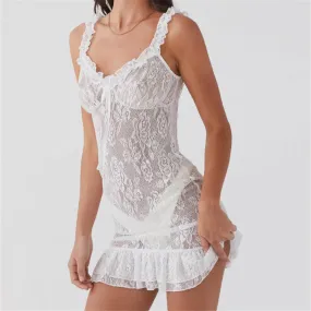 Sexy Sleeveless Strap Mini Low Cut Lace Mesh See Through Backless Ruffles Slim Fit Clubwear Dress