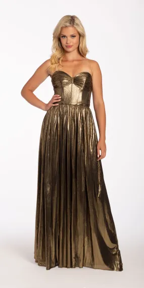 Strapless Pleated Metallic Foil Lace Up Back Dress