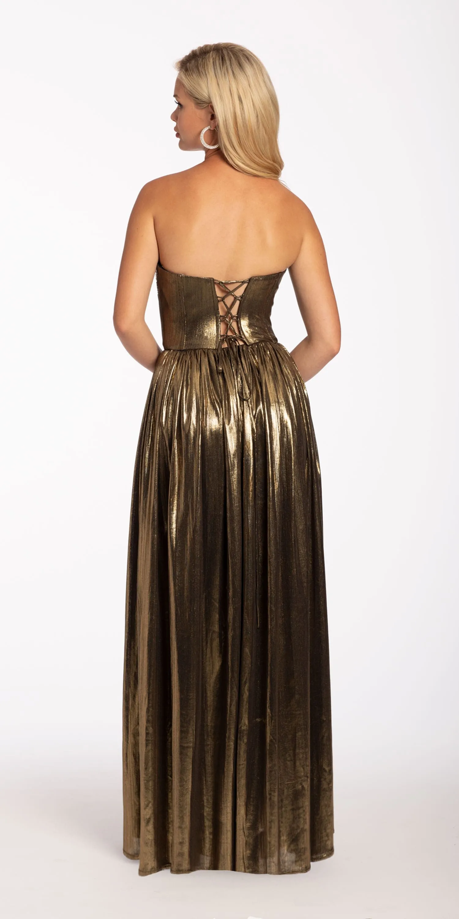 Strapless Pleated Metallic Foil Lace Up Back Dress