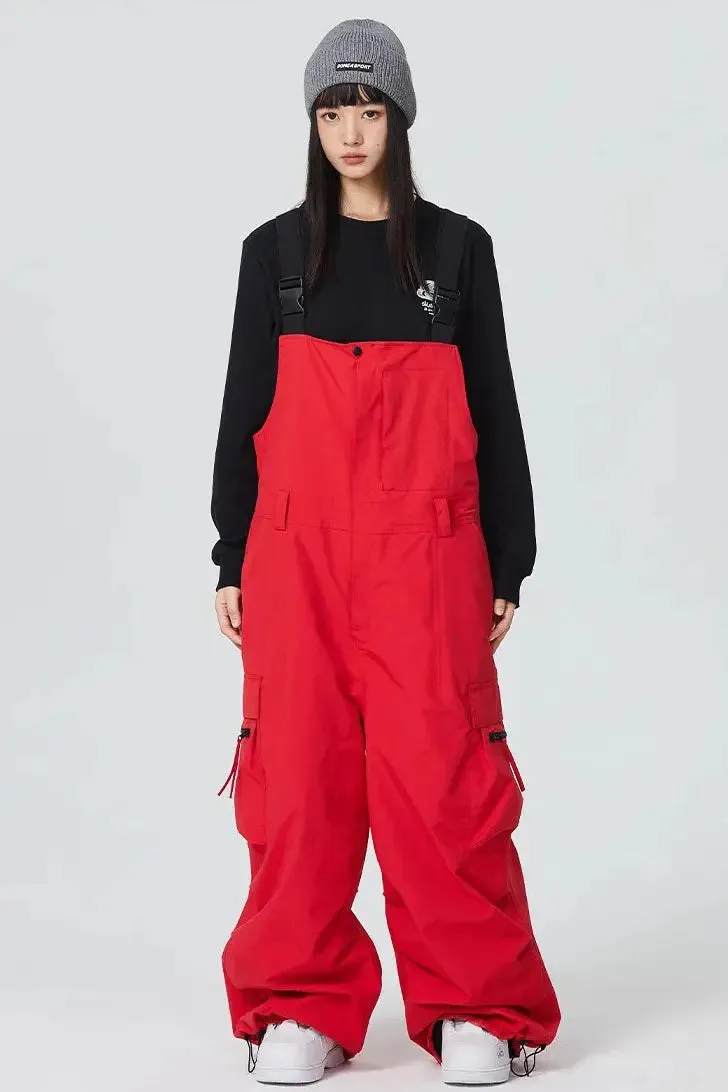 Unisex Red Wide Baggy Snow Bibs Oversized Winter Ski Overalls