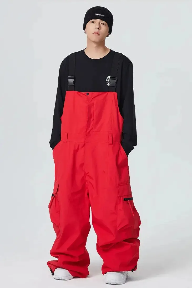 Unisex Red Wide Baggy Snow Bibs Oversized Winter Ski Overalls