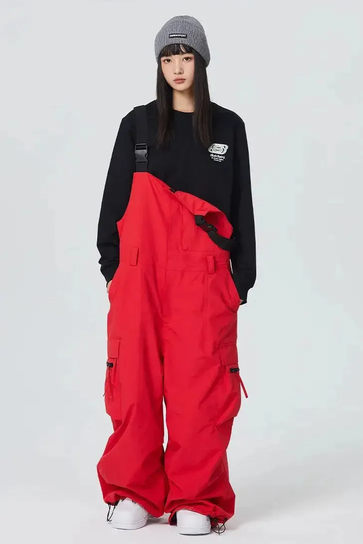 Unisex Red Wide Baggy Snow Bibs Oversized Winter Ski Overalls