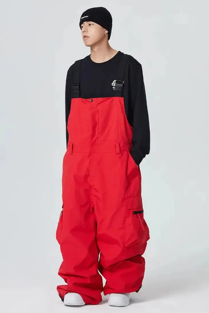 Unisex Red Wide Baggy Snow Bibs Oversized Winter Ski Overalls