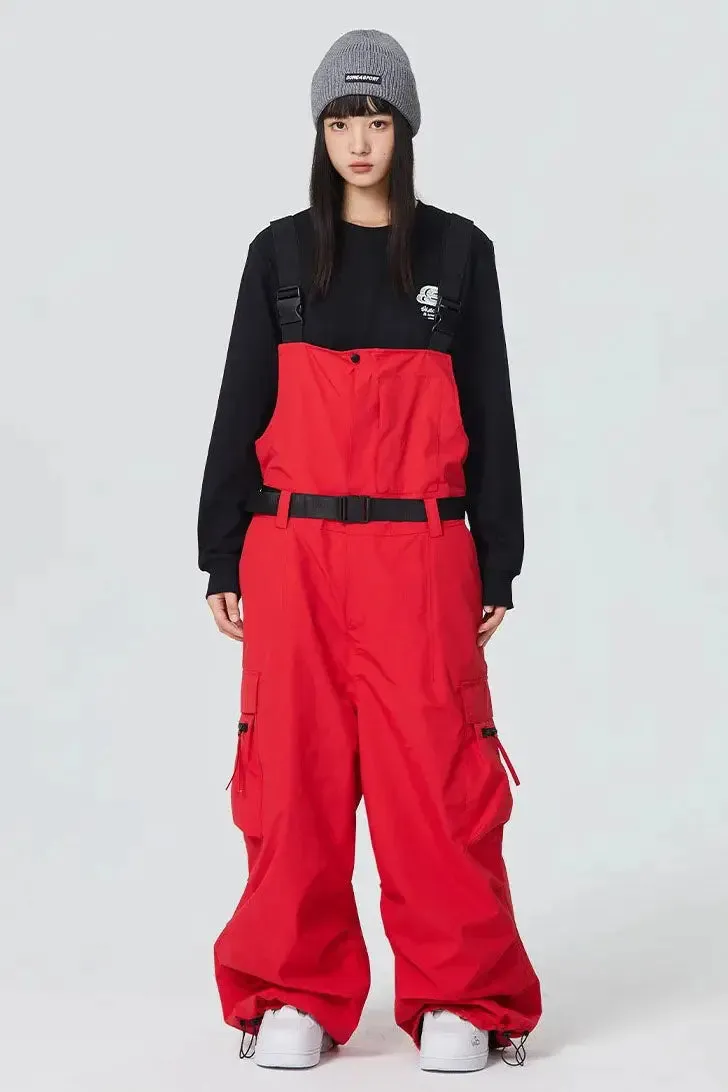 Unisex Red Wide Baggy Snow Bibs Oversized Winter Ski Overalls