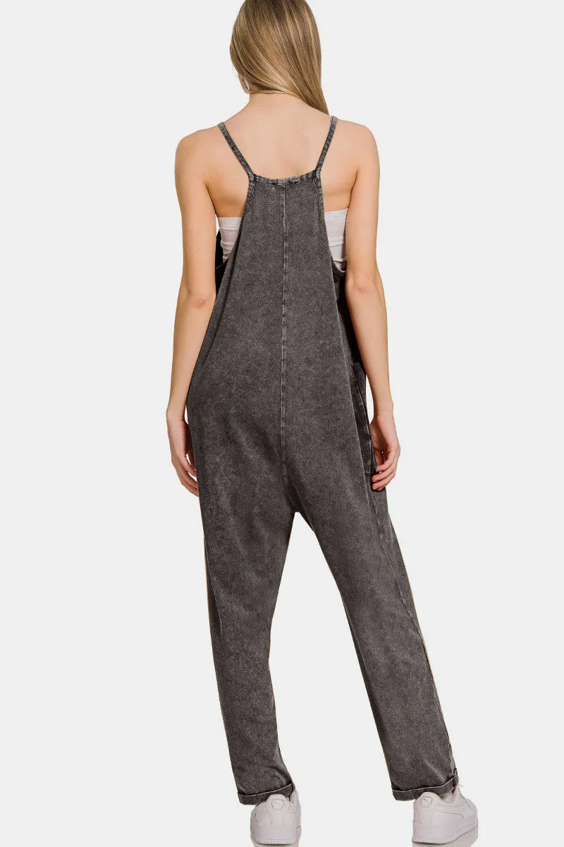 Washed Spaghetti Straps Overalls With Pockets