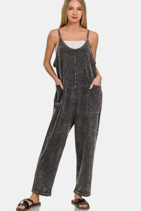 Washed Spaghetti Straps Overalls With Pockets